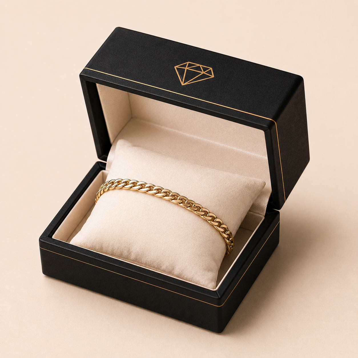 Foil-stamped custom bracelet box with a gold bangle displayed on a raised oval velvet cushion