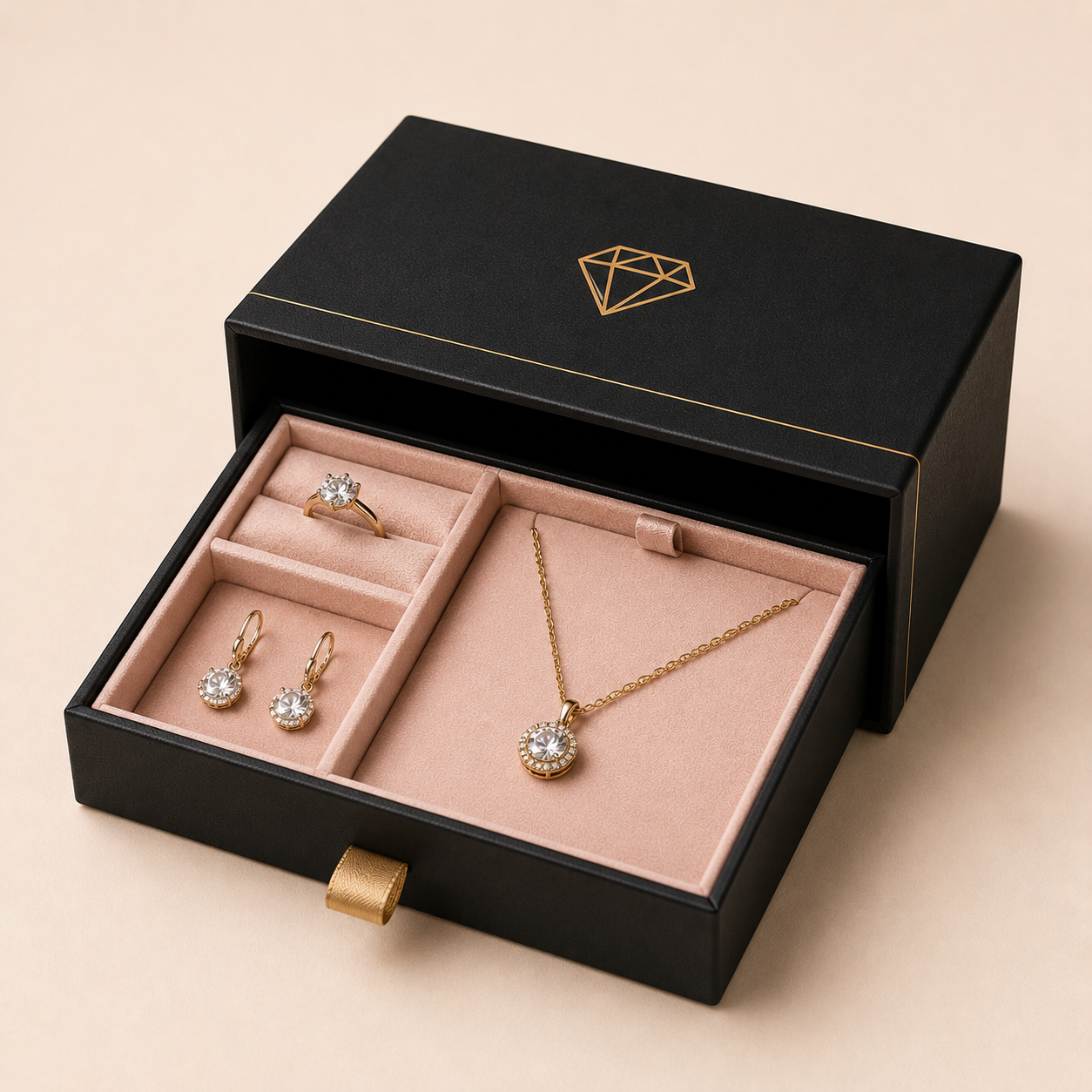 Foil-stamped custom multi-compartment jewelry set box holding a ring, earrings, and bracelet in separate velvet compartments