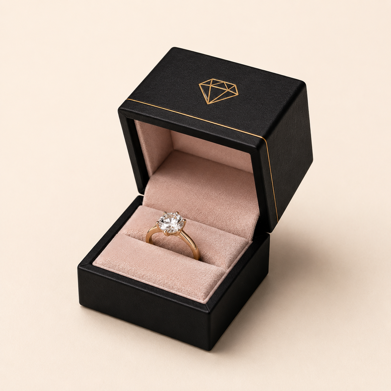 Foil-stamped near-black custom ring box with a gold ring resting on a velvet cushion insert