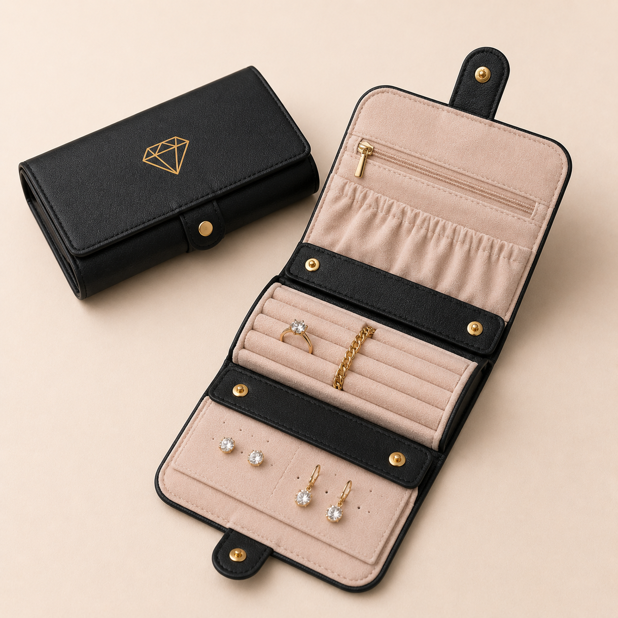 Foil-stamped custom travel jewelry case with a fold-out compartment and a gold ring tucked in a zippered pocket