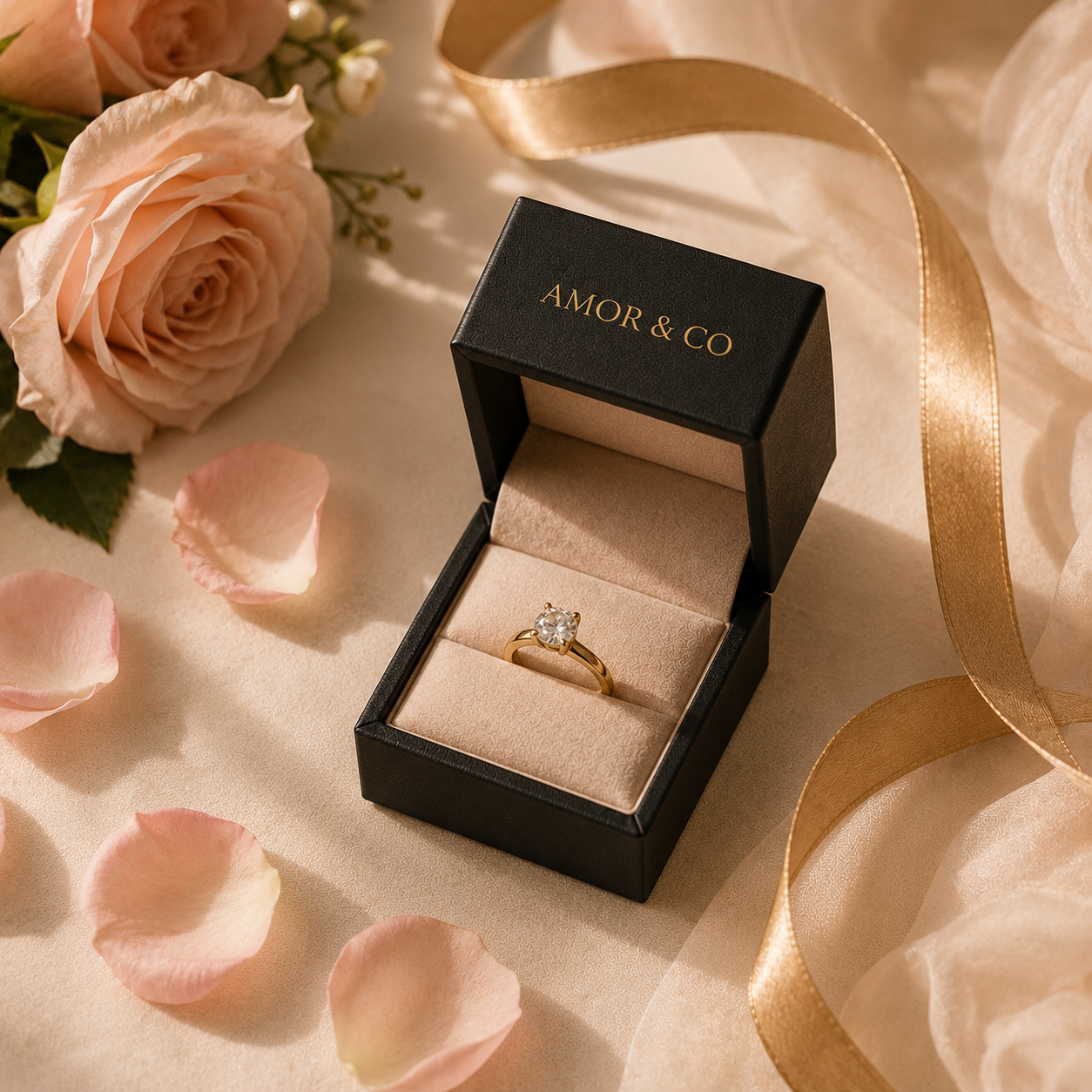 Two custom ring boxes with rings for a bridal and engagement jewelry line