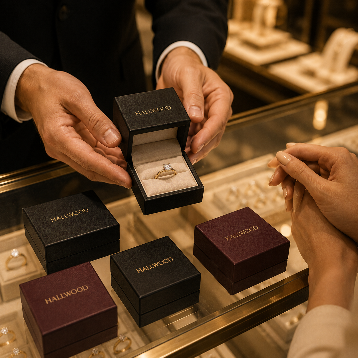 Foil-stamped custom jewelry boxes displayed on a retail counter