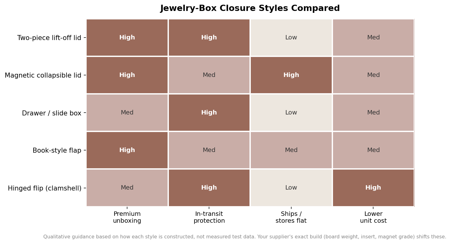 Comparison matrix rating five jewelry-box closure styles on premium unboxing, protection, flat shipping and unit cost